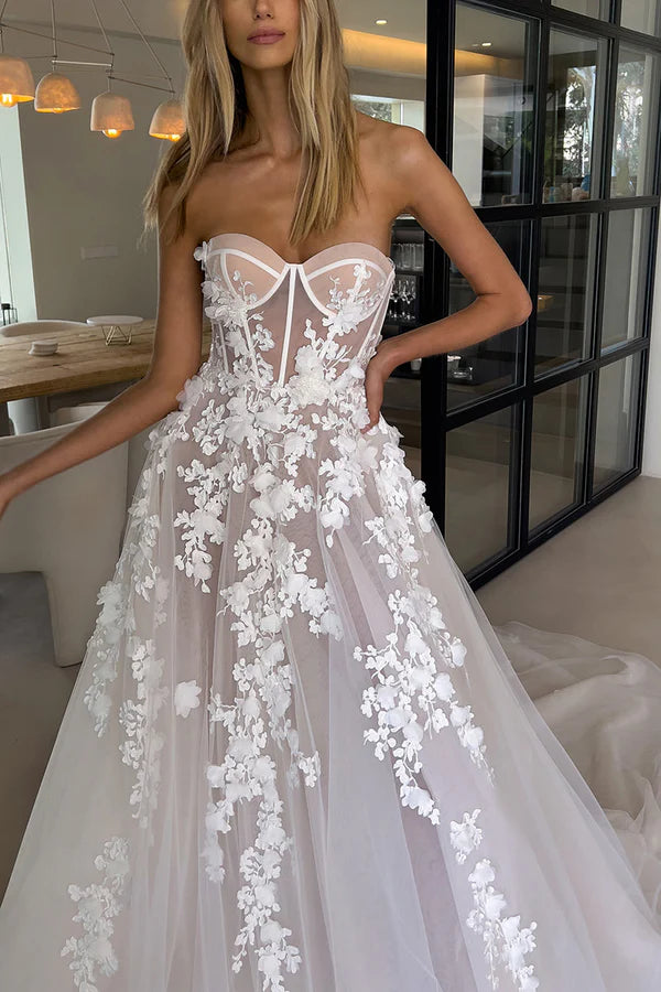 A Line Sweetheart Lace Applique Bohemian Wedding Bridal Dress