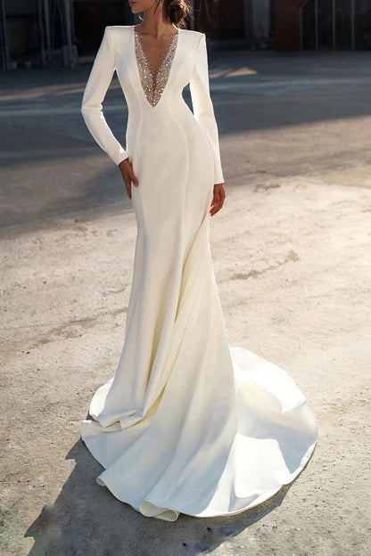 Illusion V-neck Mermaid/Horn Wedding Dress with Sleeves Bohemian Bridal Dress