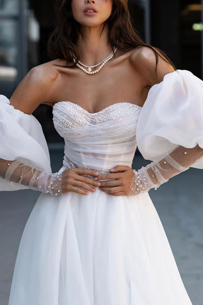 A line Sweetheart Hall casual wedding dress with sleeves pearl countryside style bride dress