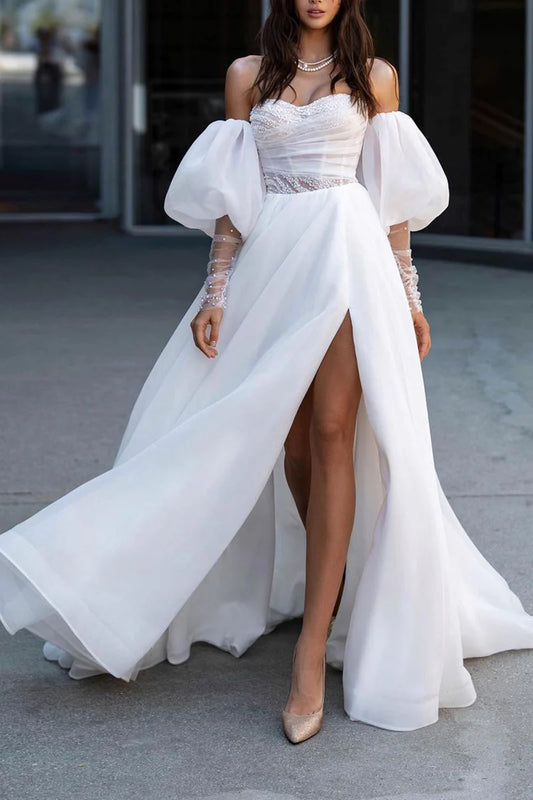 A line Sweetheart Hall casual wedding dress with sleeves pearl countryside style bride dress