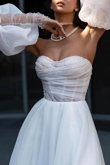 A line Sweetheart Hall casual wedding dress with sleeves pearl countryside style bride dress