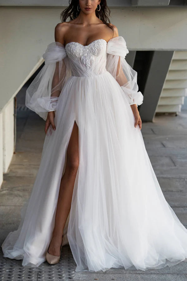 A Line Sweetheart Sticker Hall Casual Wedding Dress with Sleeves Country Style Bridal Dress