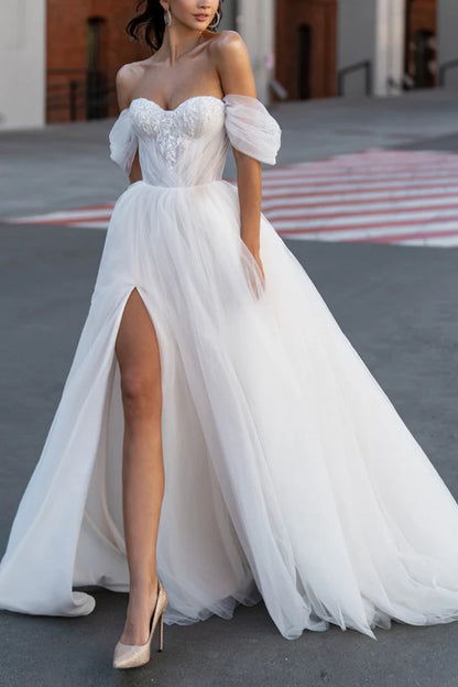 A Line Sweetheart Sticker Hall Casual Wedding Dress with Sleeves Country Style Bridal Dress