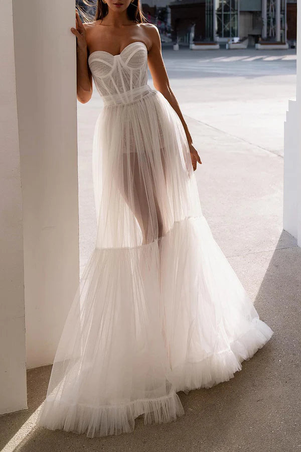 A Line of Sweetheart Illusion Bohemian Wedding Dress Summer Bride Dress