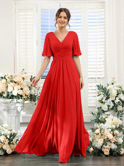 A-shaped V-shaped leader bridesmaid dress, suitable for wedding guests, long chiffon formal slit party dress