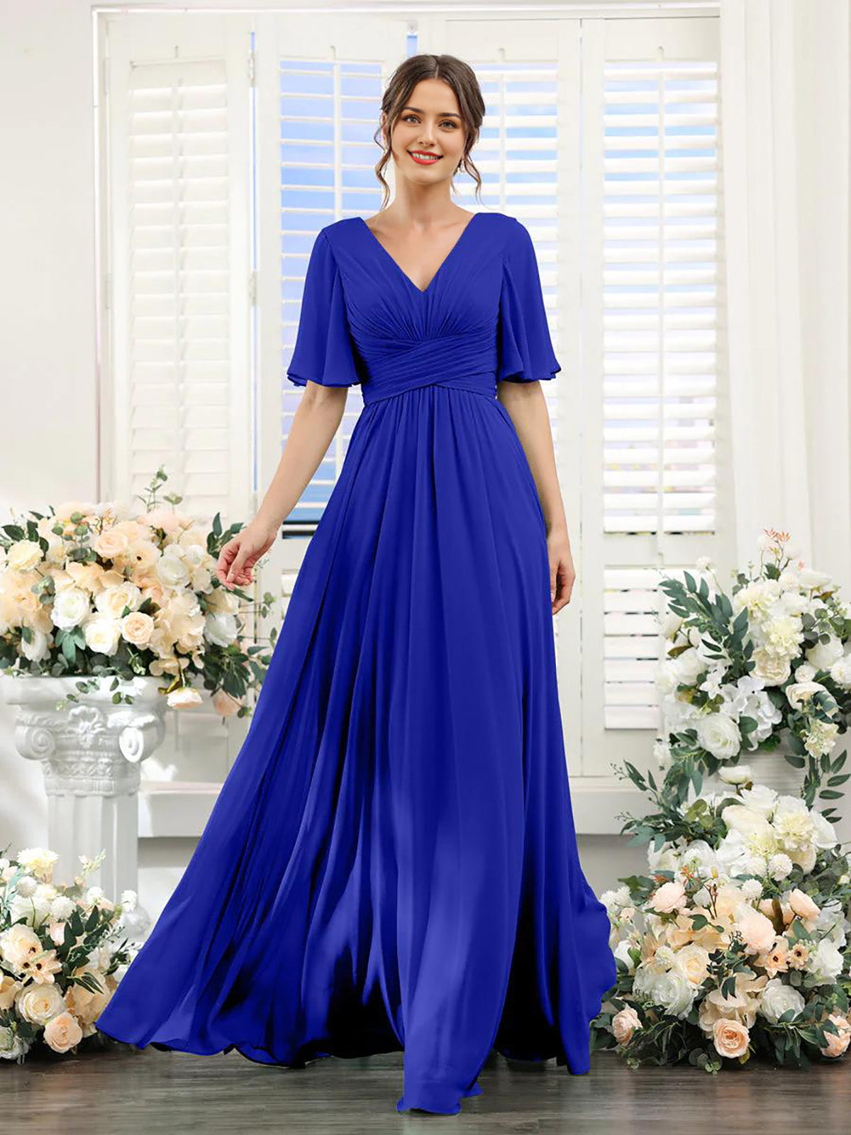 A-shaped V-shaped leader bridesmaid dress, suitable for wedding guests, long chiffon formal slit party dress