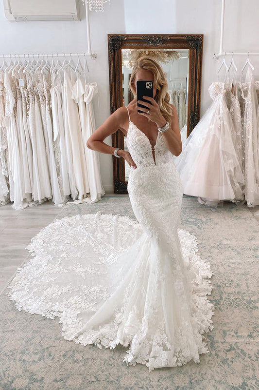 Deep V-neck thin shoulder strap all over lace fishtail wedding dress