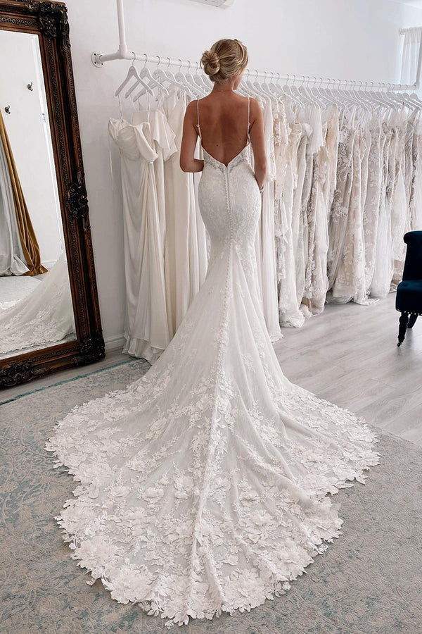 Deep V-neck thin shoulder strap all over lace fishtail wedding dress