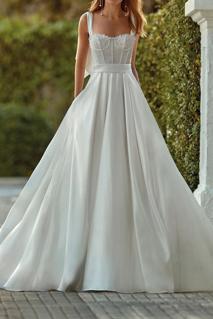 A Line Sweetheart Pearl Satin Pocket Wedding Dress Wedding Dress