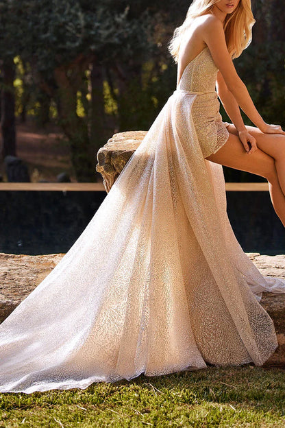 Asymmetric deep V-neck bohemian style wedding dress