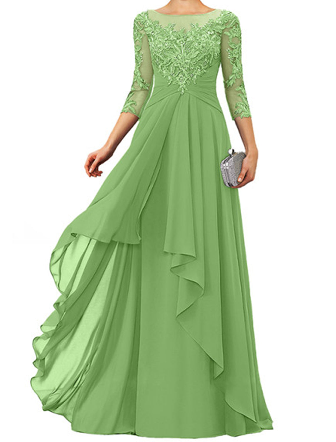 Sheath / Column Mother of the Bride Dress Elegant Jewel Neck Floor Length Chiffon Lace 3/4 Length Sleeve with Appliques