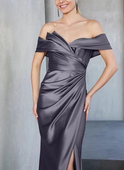 Tight/column off shoulder to ground length, mother of the bride dress