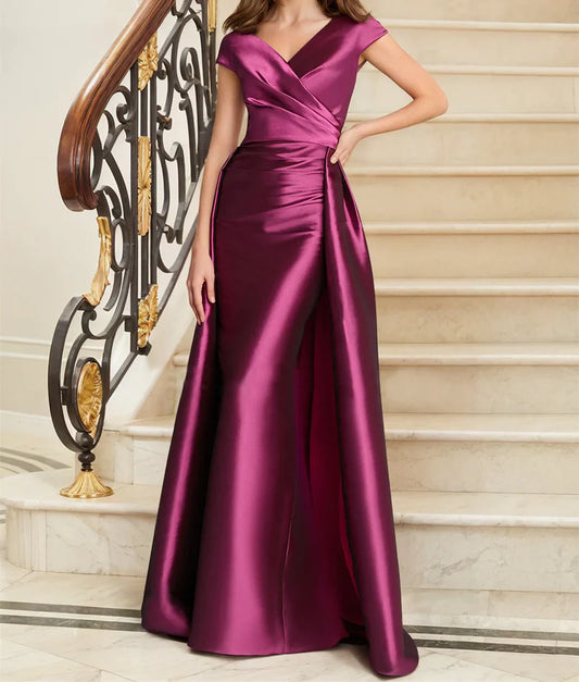 Tight fit/straight V-neck sleeveless satin mother of the bride dresses