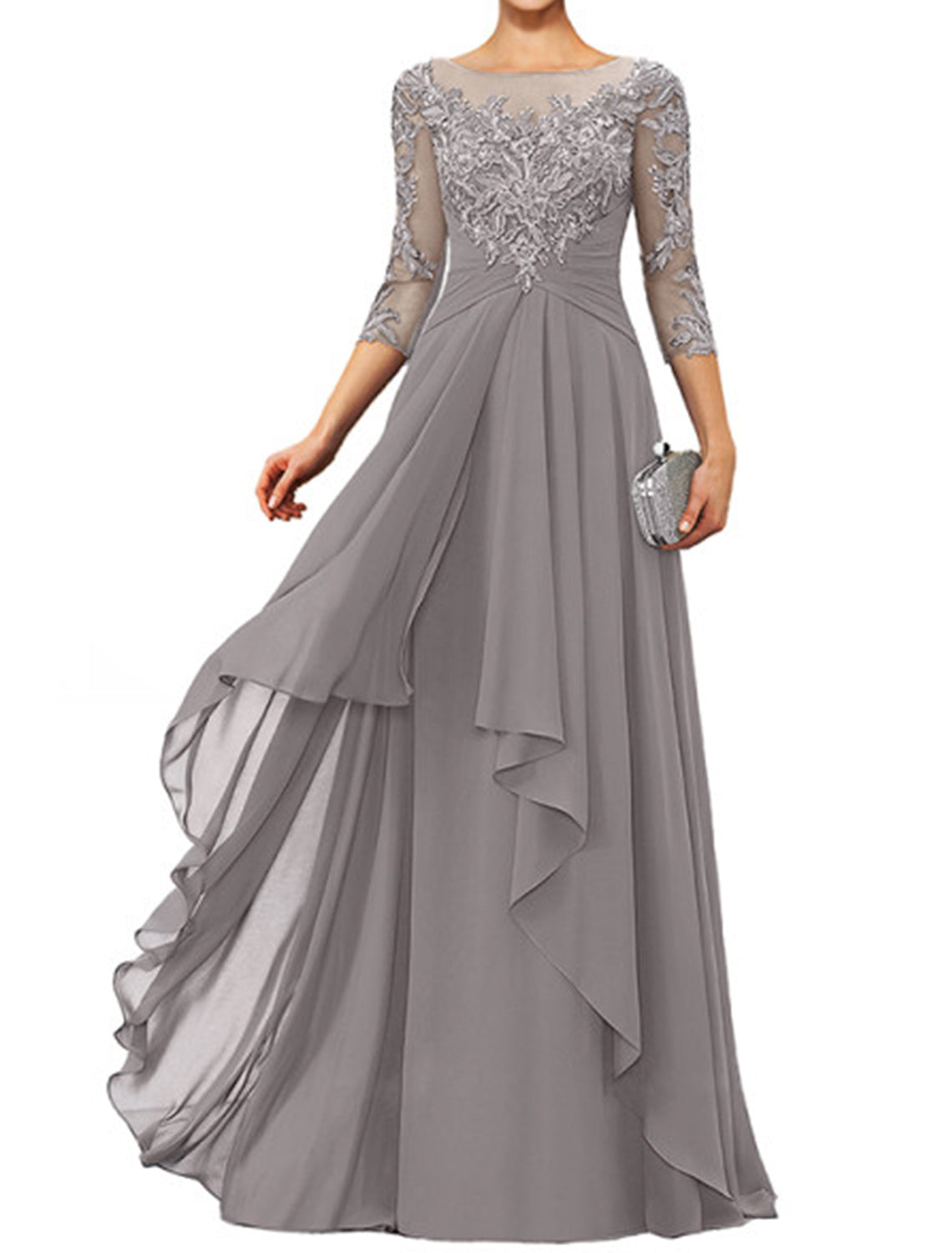 Sheath / Column Mother of the Bride Dress Elegant Jewel Neck Floor Length Chiffon Lace 3/4 Length Sleeve with Appliques