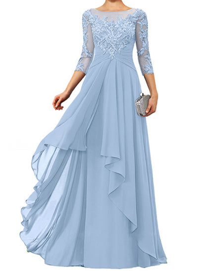 Sheath / Column Mother of the Bride Dress Elegant Jewel Neck Floor Length Chiffon Lace 3/4 Length Sleeve with Appliques