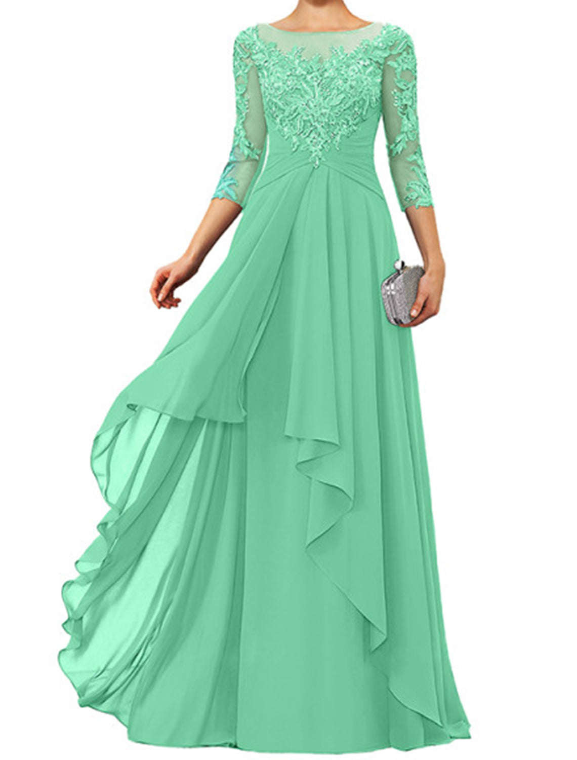 Sheath / Column Mother of the Bride Dress Elegant Jewel Neck Floor Length Chiffon Lace 3/4 Length Sleeve with Appliques