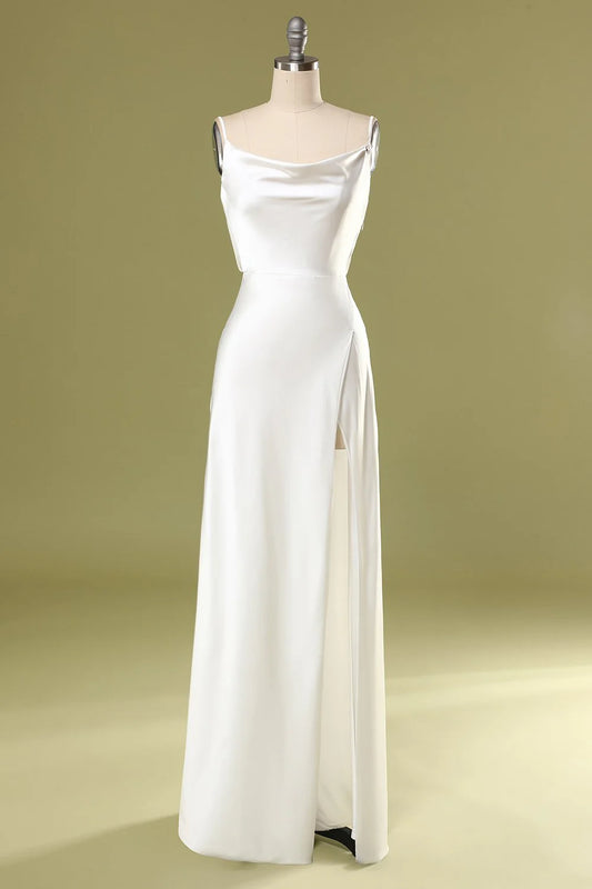 Fish tail white sleeveless thin shoulder strap and floor length wedding dress