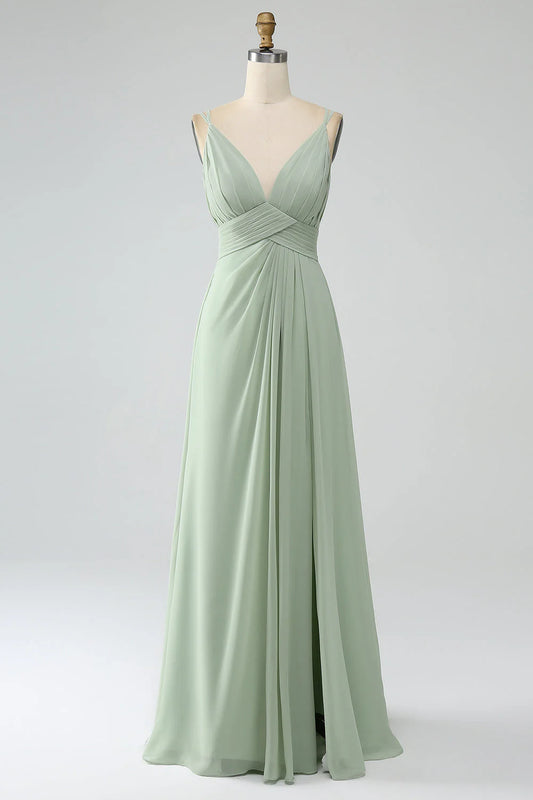 Dusty Sage A-line thin shoulder pleated chiffon long bridesmaid dress