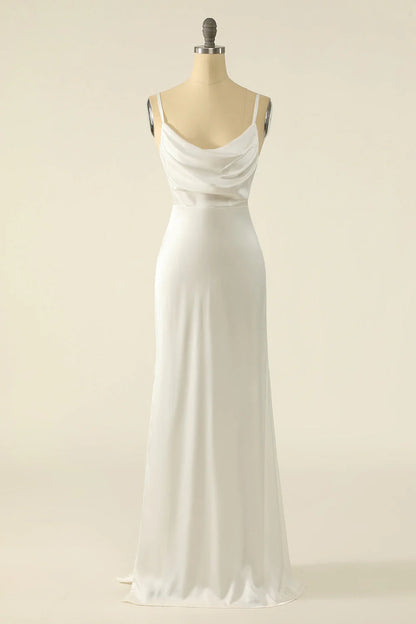 Ivory thin shoulder strap, off shoulder satin surface, simple off back and floor length wedding dress