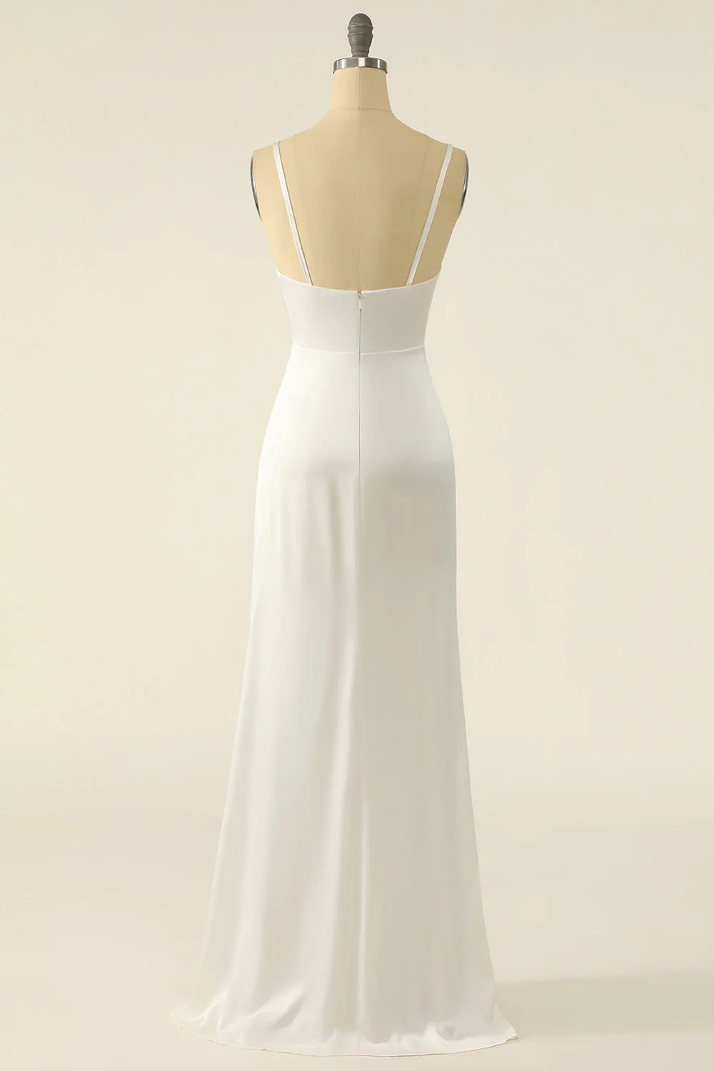 Ivory thin shoulder strap, off shoulder satin surface, simple off back and floor length wedding dress