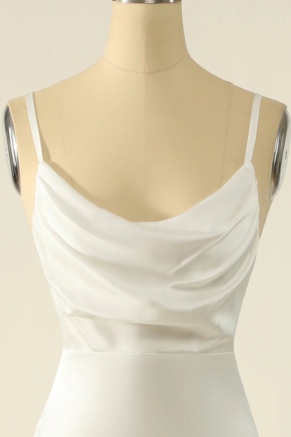 Ivory thin shoulder strap, off shoulder satin surface, simple off back and floor length wedding dress