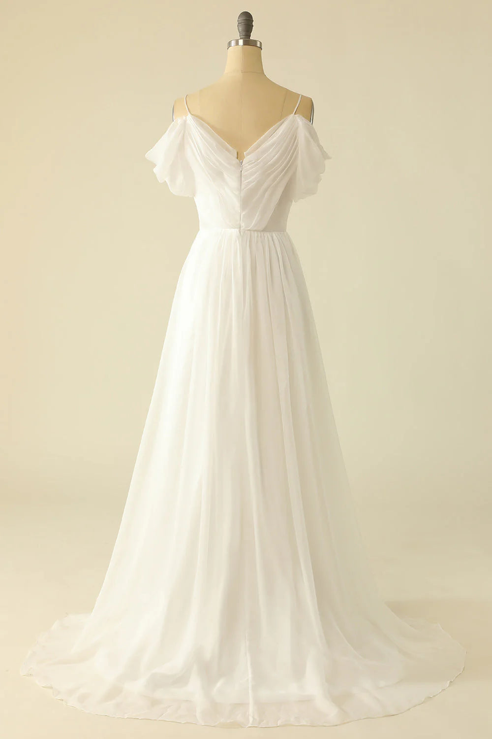 White off shoulder sheer backless and ground length wedding dress