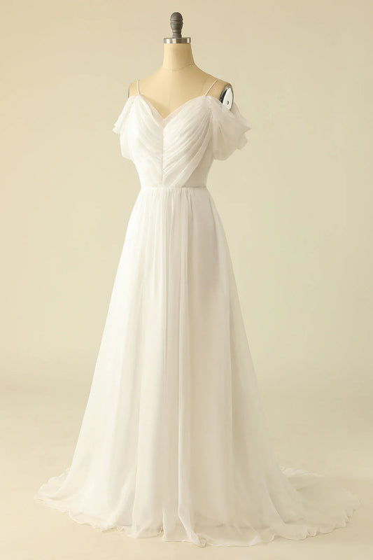 White off shoulder sheer backless and ground length wedding dress