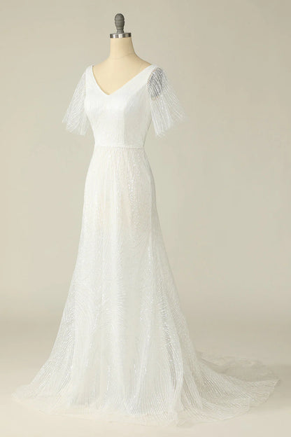 White V-neck lace and floor length backless wedding dress