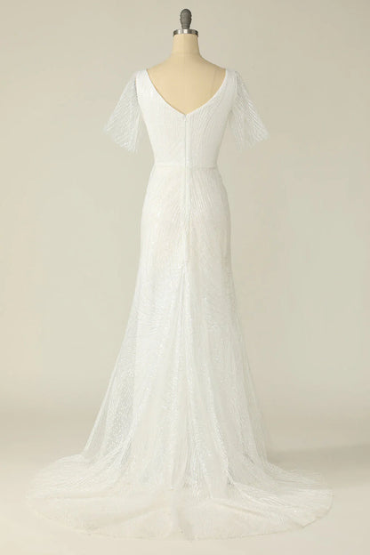 White V-neck lace and floor length backless wedding dress