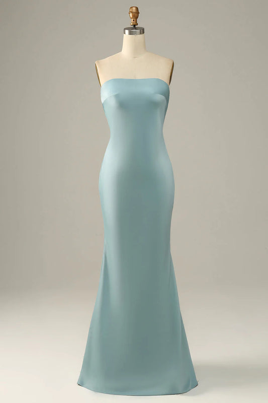 Grey blue satin fishtail bridesmaid dress