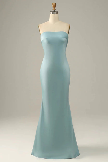 Grey blue fish tail strapless and satin bridesmaid dress