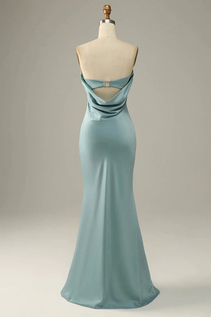 Grey blue fish tail strapless and satin bridesmaid dress