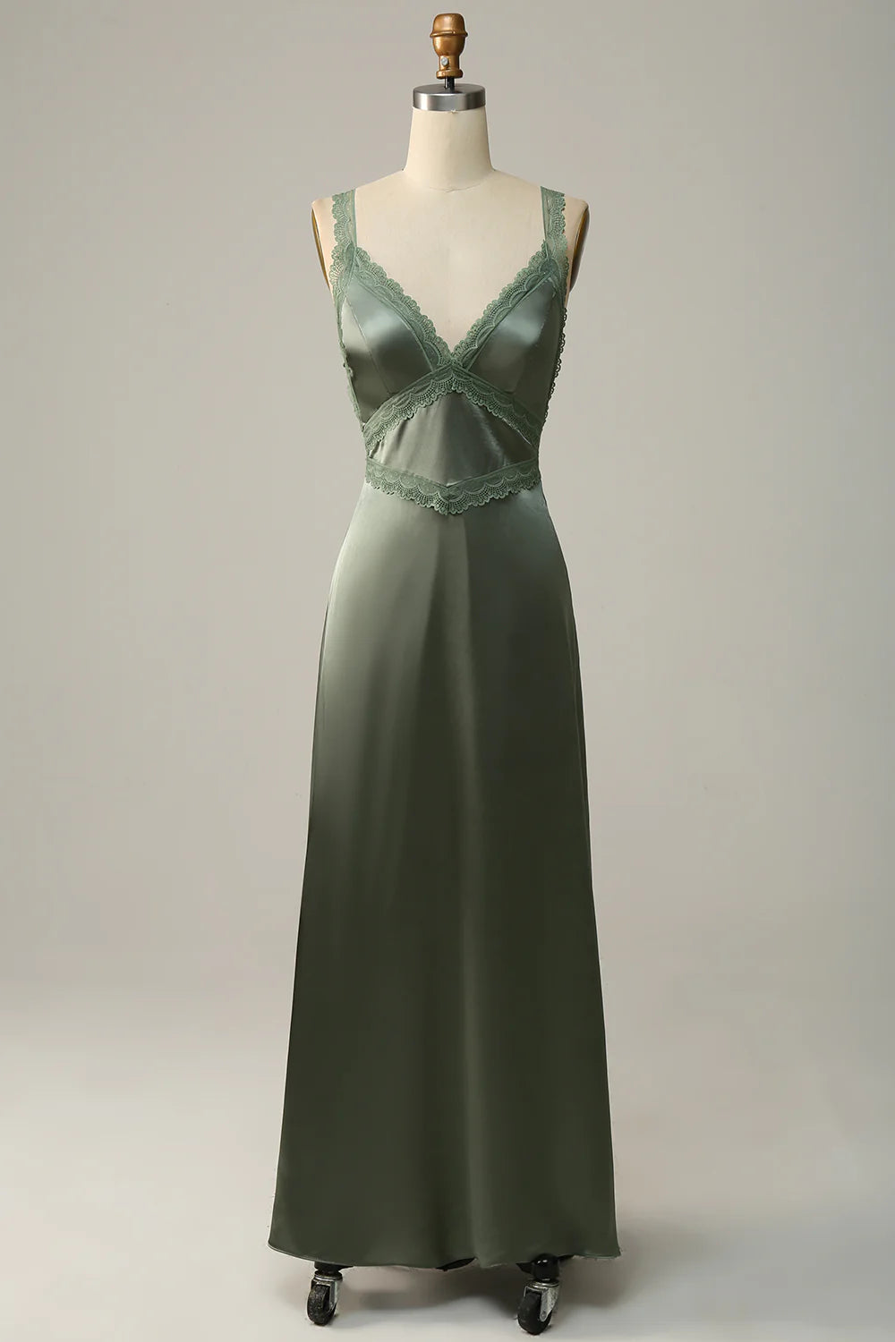 Grey green tight thin shoulder strap back tied satin bridesmaid dress