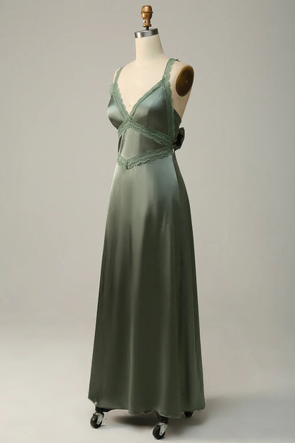 Grey green tight thin shoulder strap back tied satin bridesmaid dress