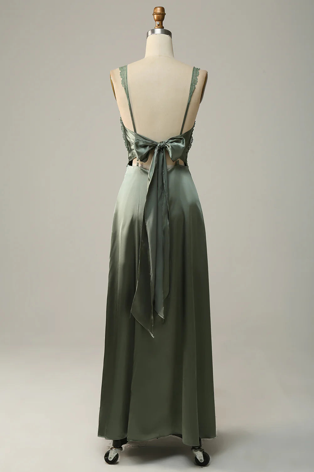 Grey green tight thin shoulder strap back tied satin bridesmaid dress