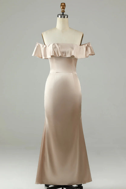 Ruffled ankle length off shoulder champagne long bridesmaid dress