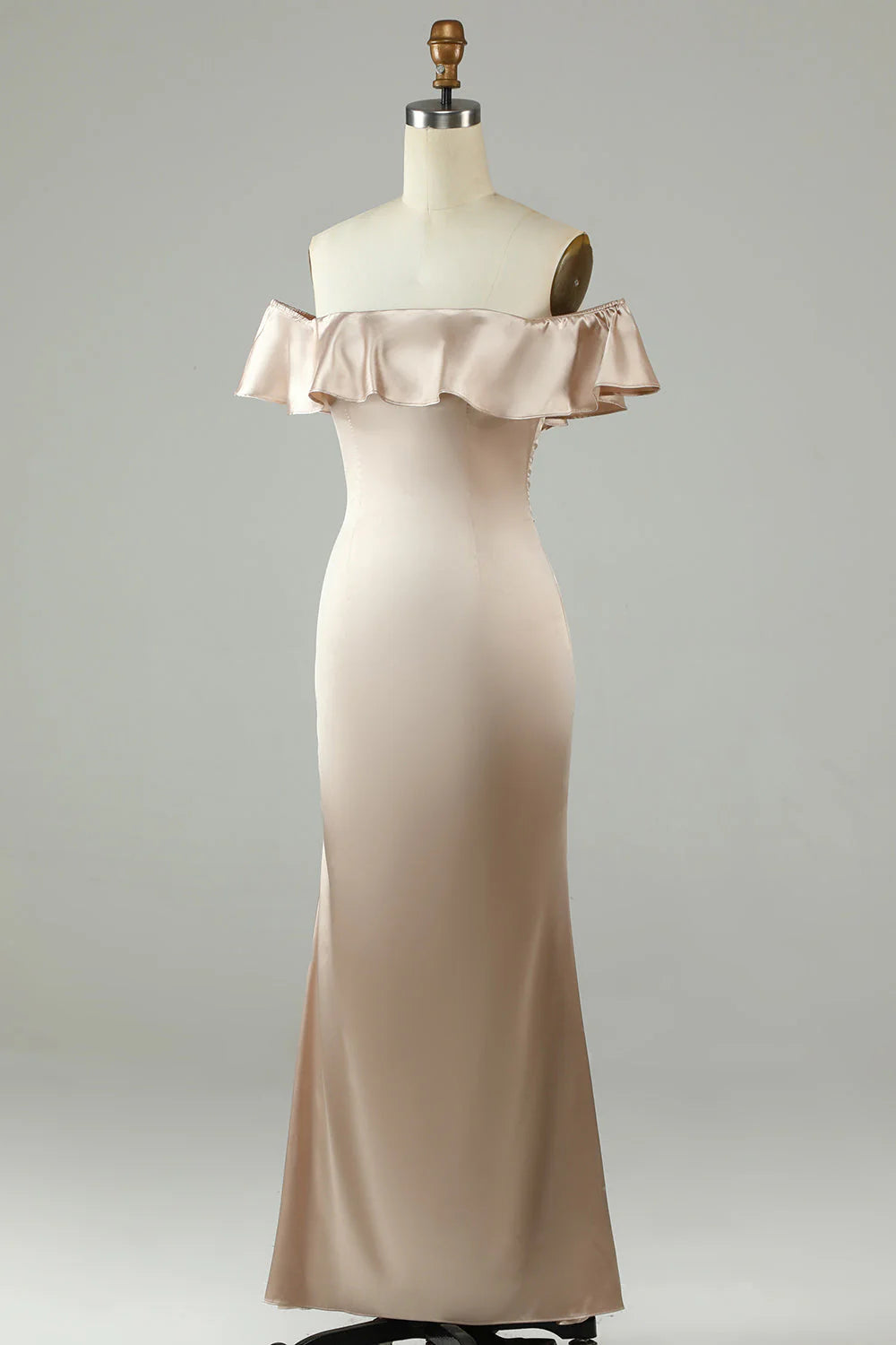 Ruffled ankle length off shoulder champagne long bridesmaid dress