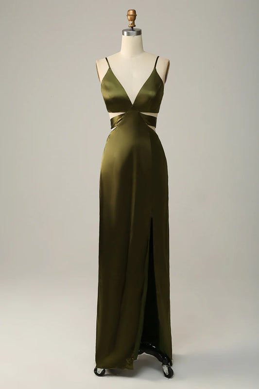 Olive colored thin shoulder strap hollow satin bridesmaid dress