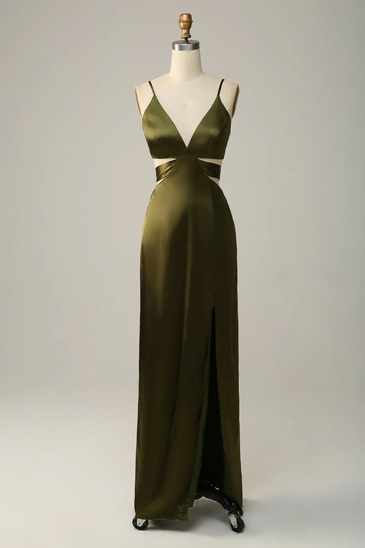 Thin shoulder strap cut olive long slit bridesmaid dress