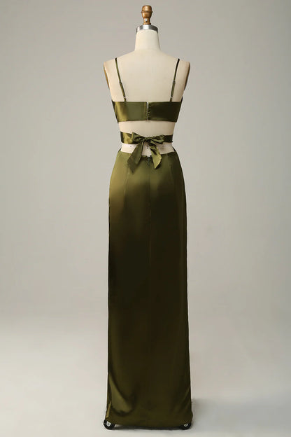 Olive colored thin shoulder strap hollow satin bridesmaid dress