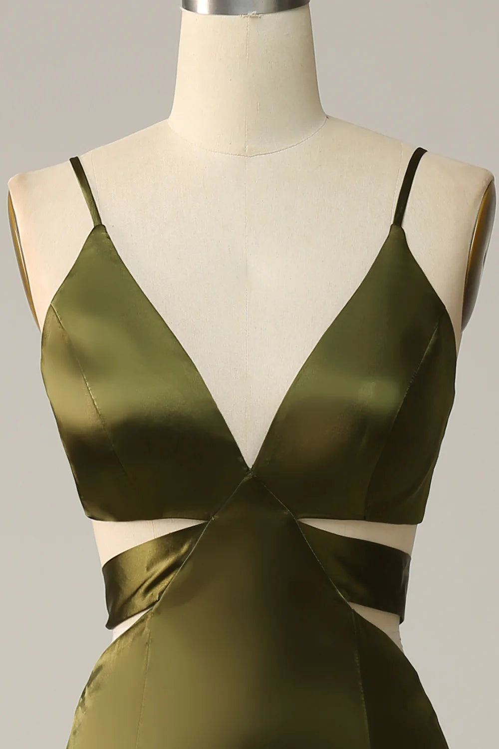 Olive colored thin shoulder strap hollow satin bridesmaid dress