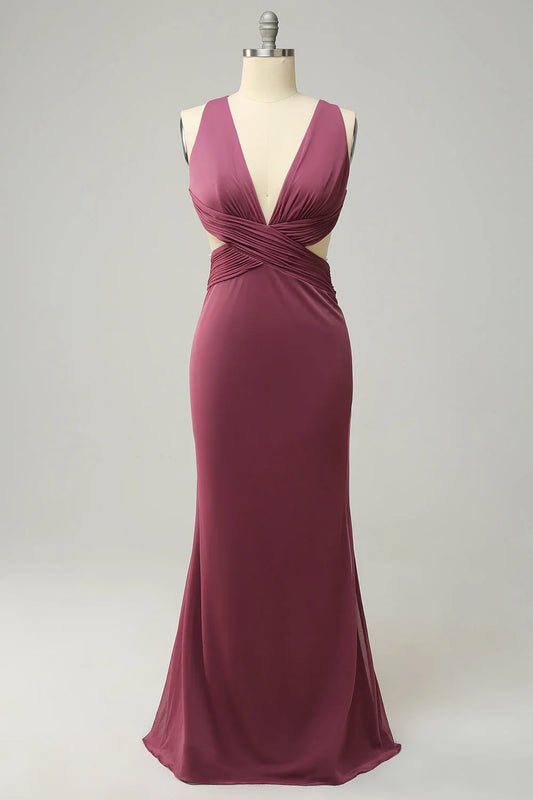 Tight deep V-neck desert rose long oversized front slit bridesmaid dress