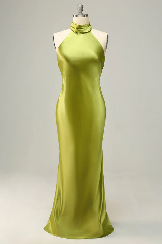 Hanging neck and backless lemon green long bridesmaid dress