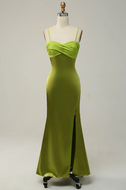 Tight slim shoulder strap lemon green mud bridesmaid dress