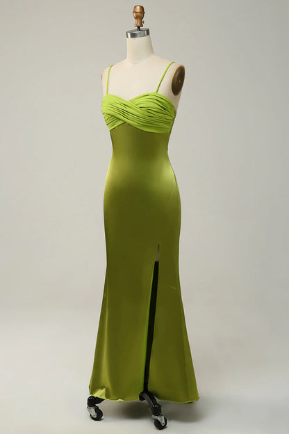 Tight slim shoulder strap lemon green mud bridesmaid dress