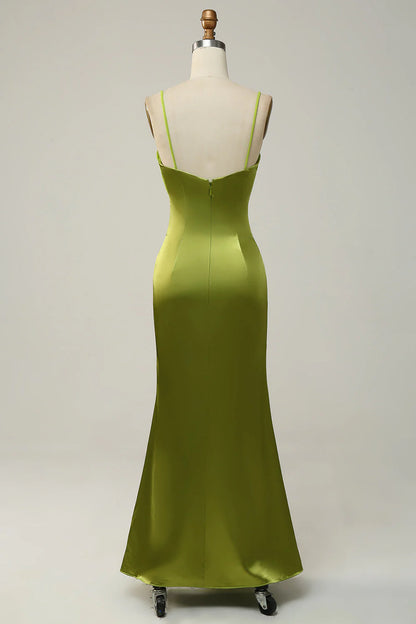 Tight slim shoulder strap lemon green mud bridesmaid dress