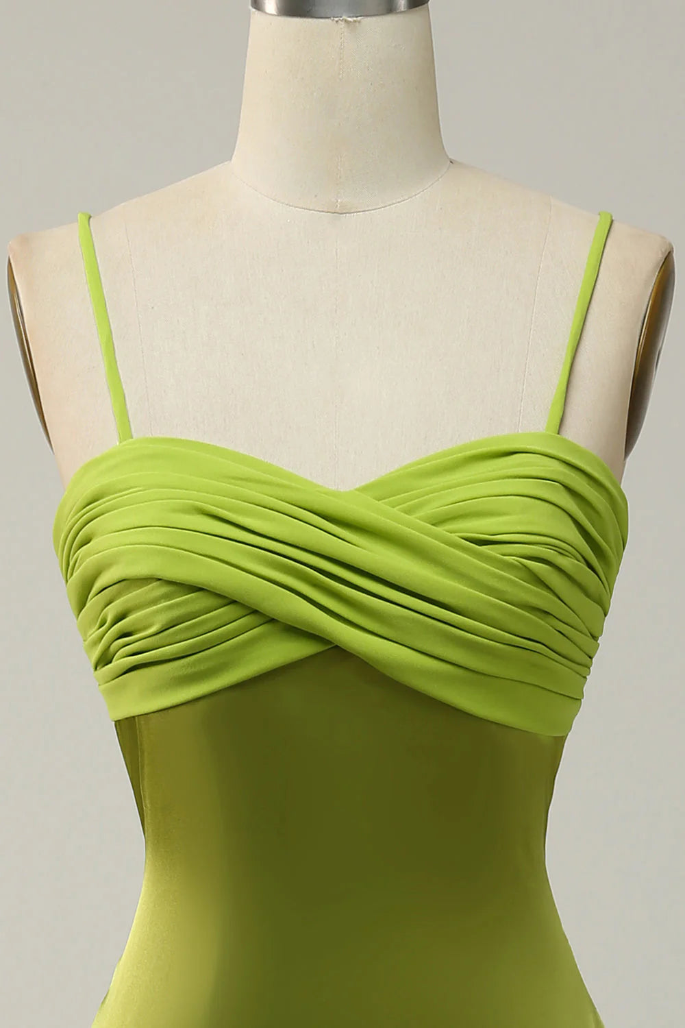 Tight slim shoulder strap lemon green mud bridesmaid dress