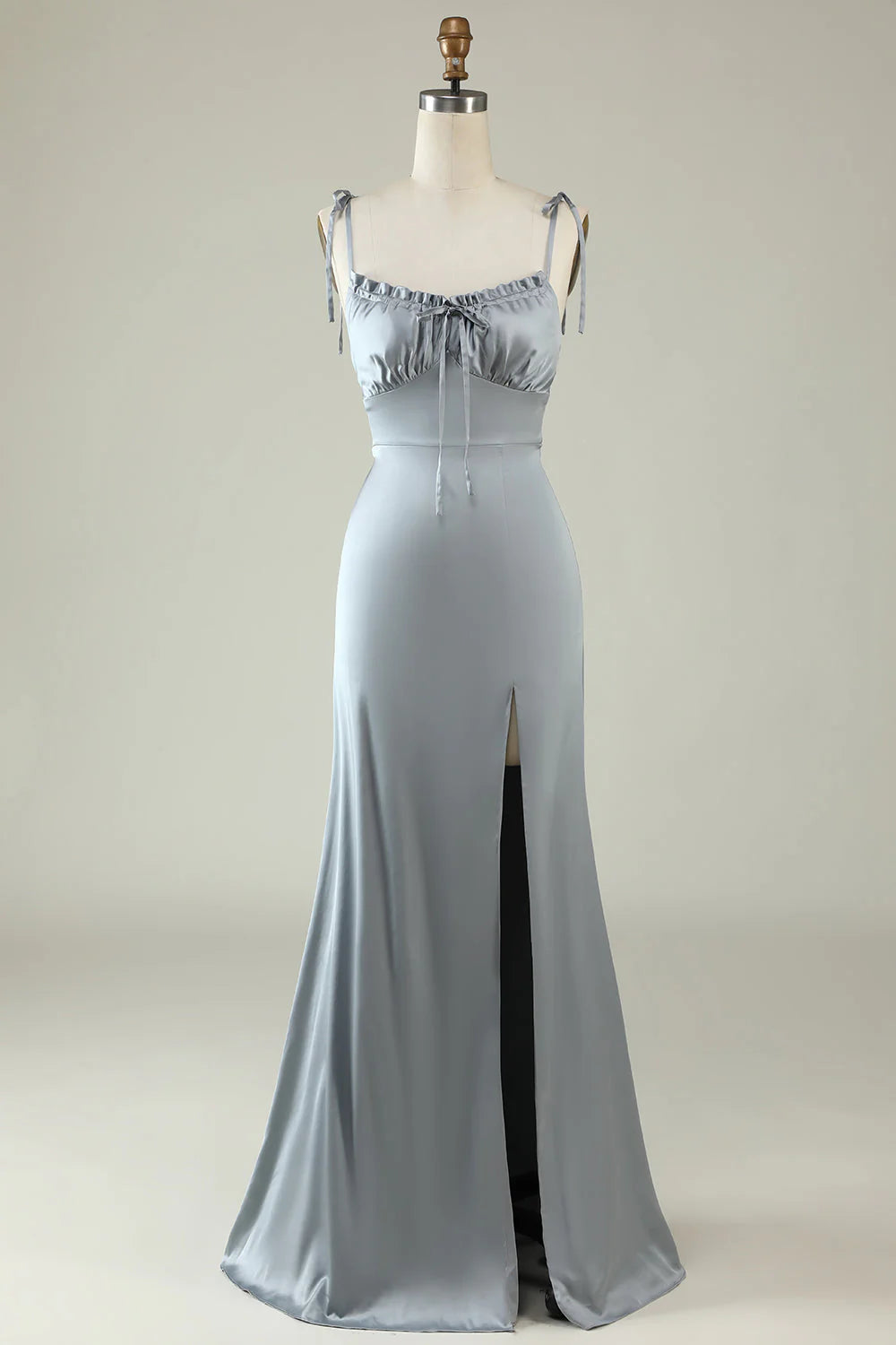 Fine shoulder strap satin gray slit bridesmaid dress