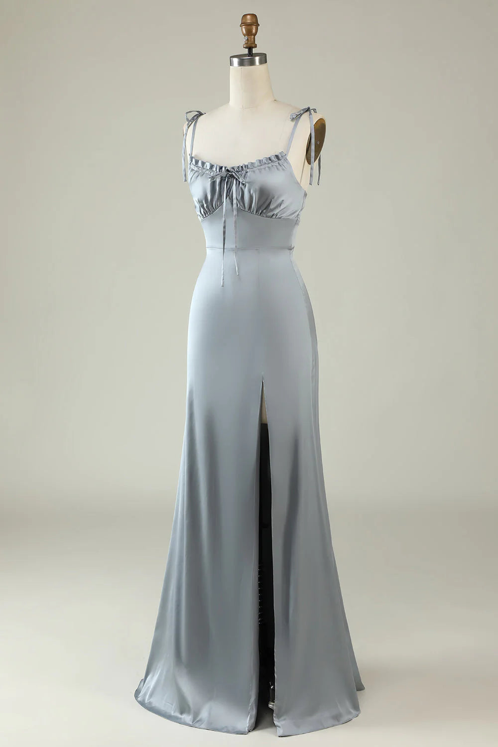 Fine shoulder strap satin gray slit bridesmaid dress