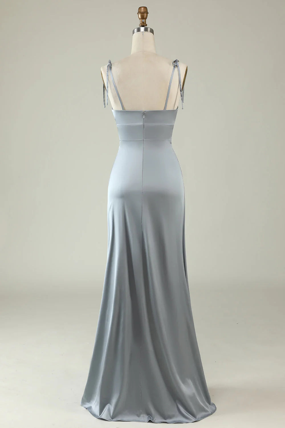 Fine shoulder strap satin gray slit bridesmaid dress